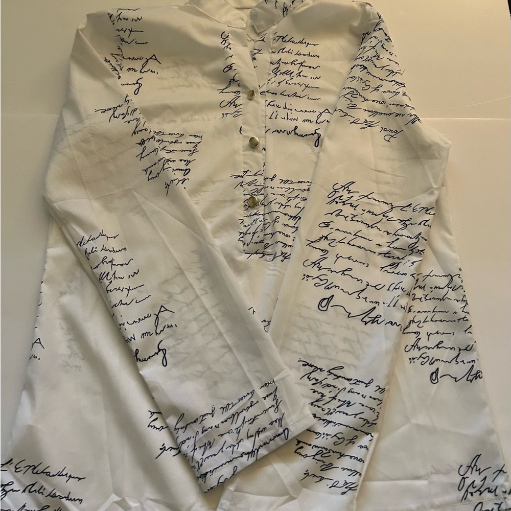 White w/Blue Script Print Women’s Shirt